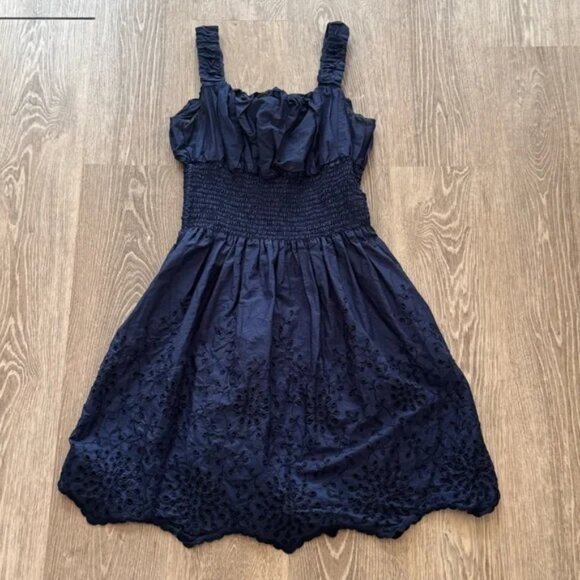 Loretta Caponi Tuckernuck Firenze Italy Navy Blue Embroidered Eyelet Dress Sz M - Picture 1 of 7